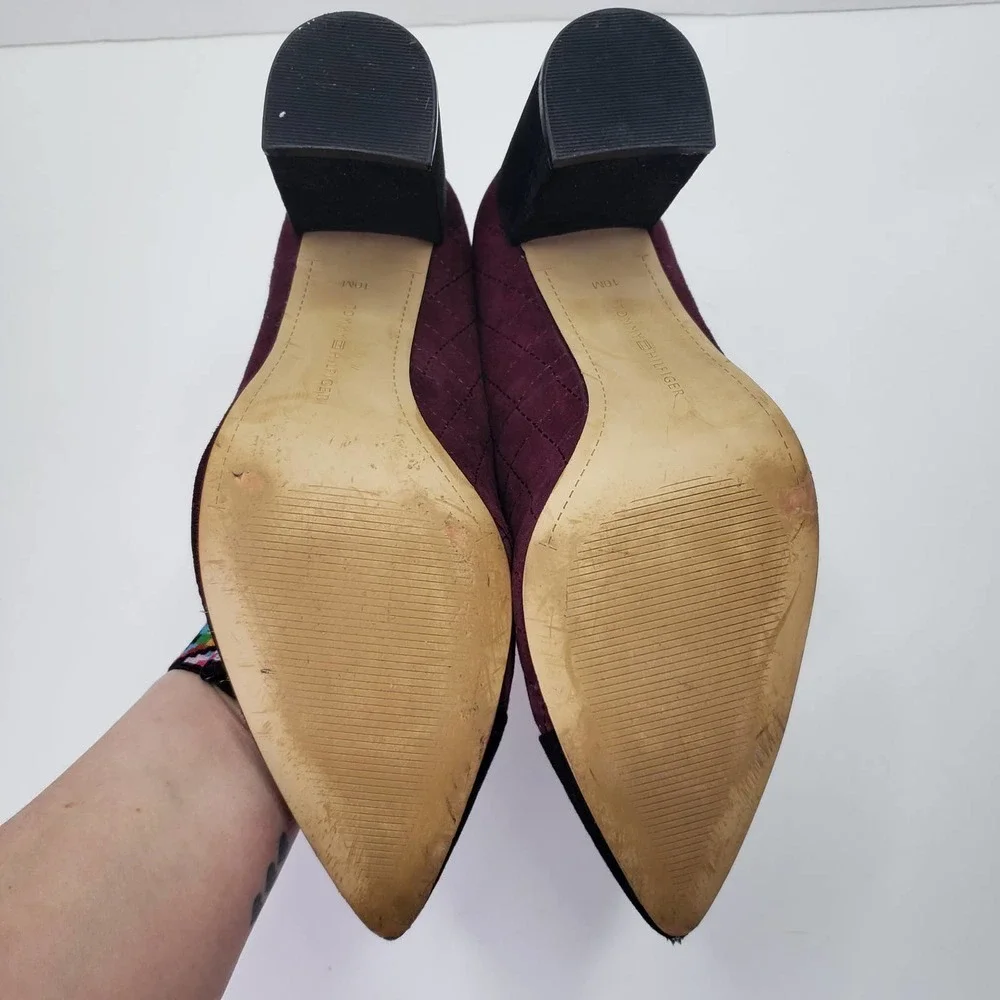 Tommy Hilfiger Violin Pump 10‎ Quilted Suede Block Heel Burgundy Black